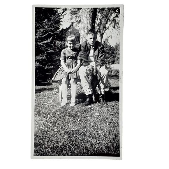 Vtg B&W Original Photo Found 1964 Siblings Hold Fluffy Puppy Snapshot Lot of 2 - Picture 2 of 6